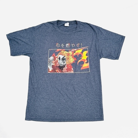 Demon Slayer Rengoku Demon Set Your Heart Ablaze Heather Grey Graphic T-shirt - Picture 1 of 6